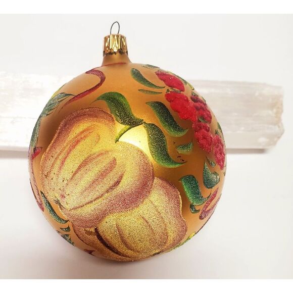 Hand Painted Ornament 4"Brassy Gold Jewel Tone Fruits Flocked Texture w/ Sparkle - Picture 5 of 14